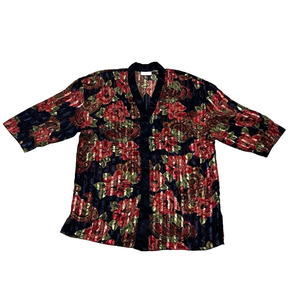 Pajama Top Victorias Secret Gold Label Pink Rose Floral Navy Button Up Vintage